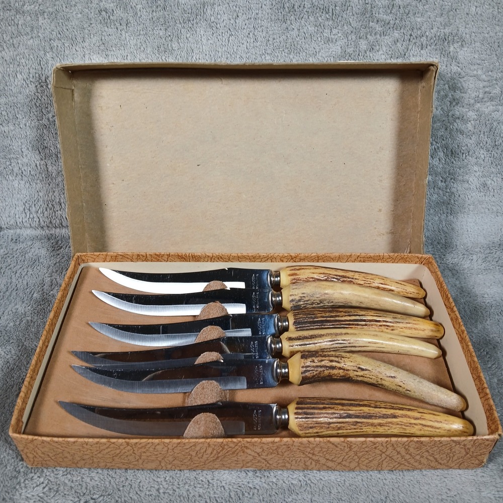 Vintage Voos Steak Knife Set 6pc Stag Handle Style Dining 1954 Dated Mid Century